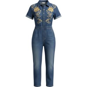 Manly Western Embroidered Denim Jumpsuit Blue Gold Floral Boho Medium